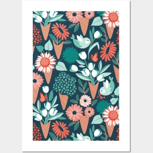 Midsummer I scream flower cones // pattern // green background green aqua and orange flowers bouquets Posters and Art